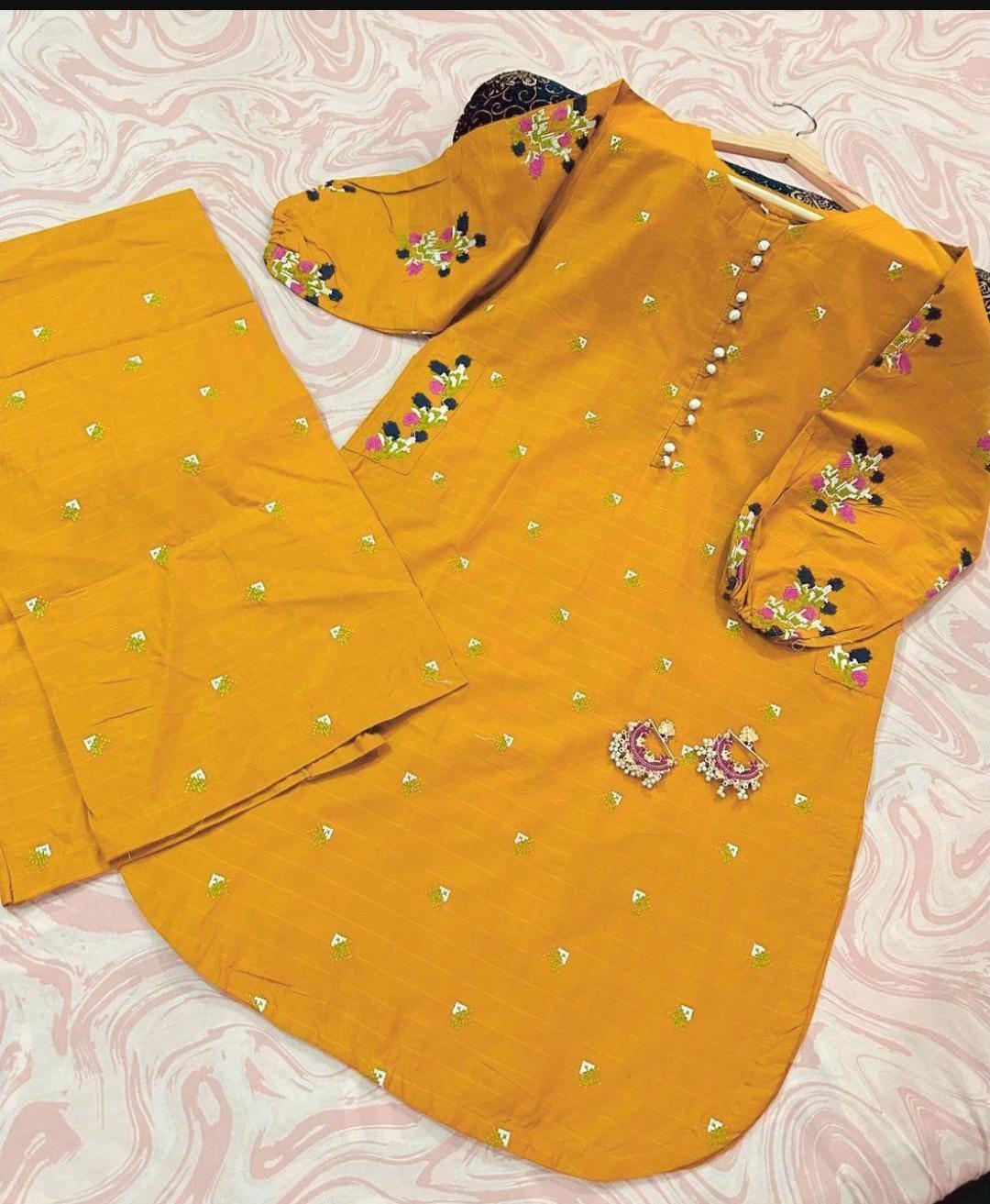 2 Pcs Chic Mustard Embroidered Suit